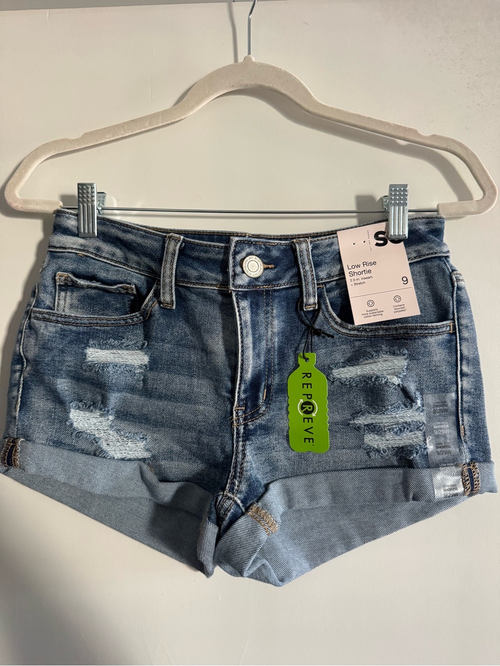 SO Blue Distressed Low-Rise Jean Shorts